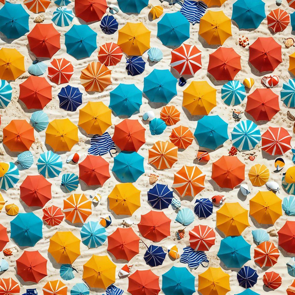 A sunny beach scene showcasing an array of stylish bikinis laid out on soft white sand, with colorful beach towels and sun hats scattered around. Include a stunning ocean backdrop with gentle waves, seashells embellishing the scene, and a whimsical beach umbrella casting shade. Capture the essence of summer fun and fashion in vibrant colors. super-realistic. bright and cheerful atmosphere.